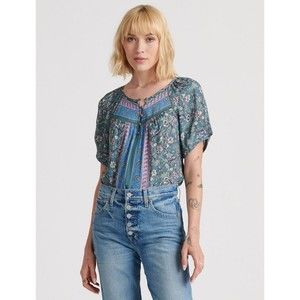 Lucky Brand Blouse Size XL Printed Puff Short Sleeve Boho Quarter Button Up
